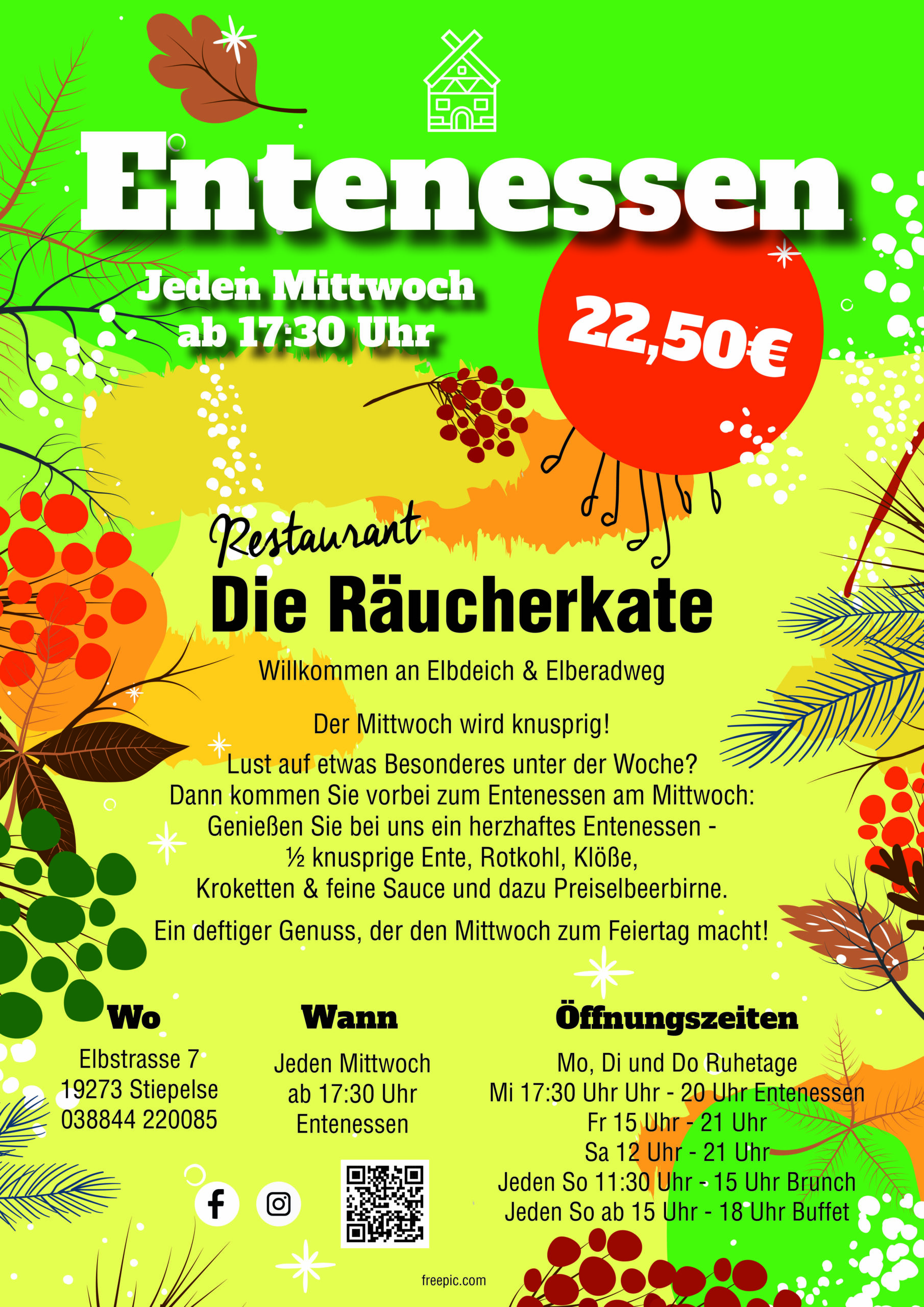Jeden Mittwoch gibt es ein deftiges Entenessen im Restaurat Die Räucherkate in Stiepelse. Flyer mit Grafik von freepik.com