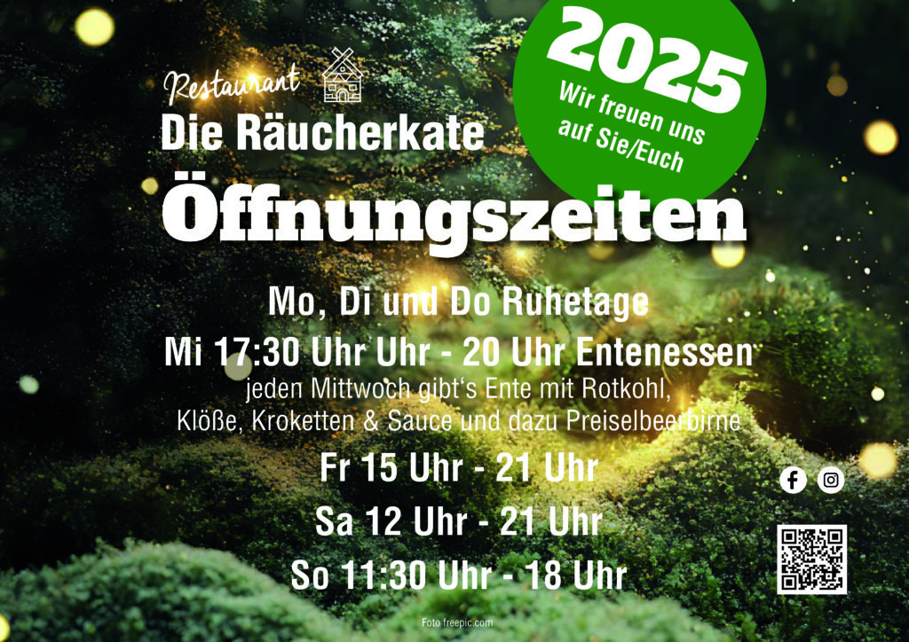 Öffnungszeiten für Dezember 2025 des Restaurants Die Räucherkate in Stiepelse. Wir haben in den Wintermonaten geöffnet.