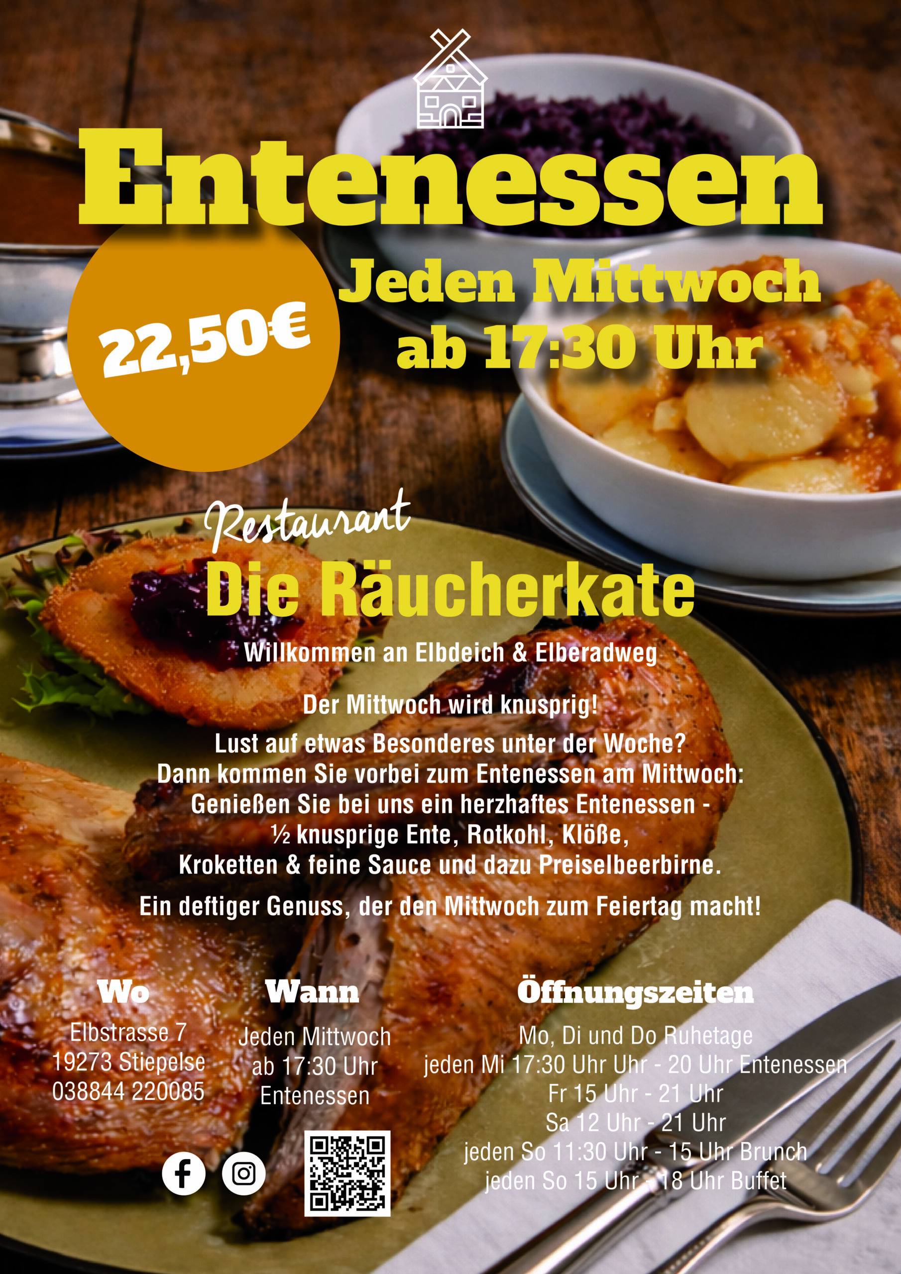 Jeden Mittwoch gibt es ein deftiges Entenessen im Restaurat Die Räucherkate in Stiepelse. Flyer mit Foto