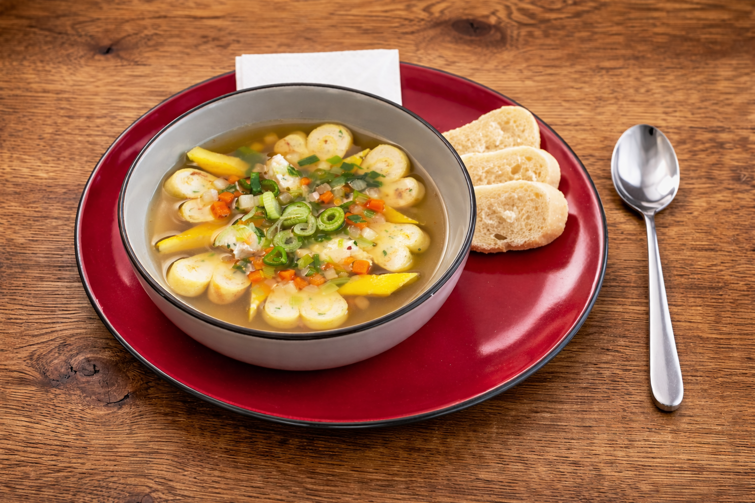 Eine leckere Hochzeitssuppe mit Huhn und Flädle. Frisch und liebevoll zubereitet - Restaurant Die Räucherkate im wunderschönen Stiepelse. Suppe von schräg oben mit Löffel