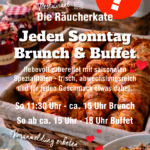 Jeden Sonntag wird in Der Räucherkate gebruncht und anschließend gibt es ein leckeres Buffet. Flyer mit Brötchen, Honig, Saft und Aufschnitt.
