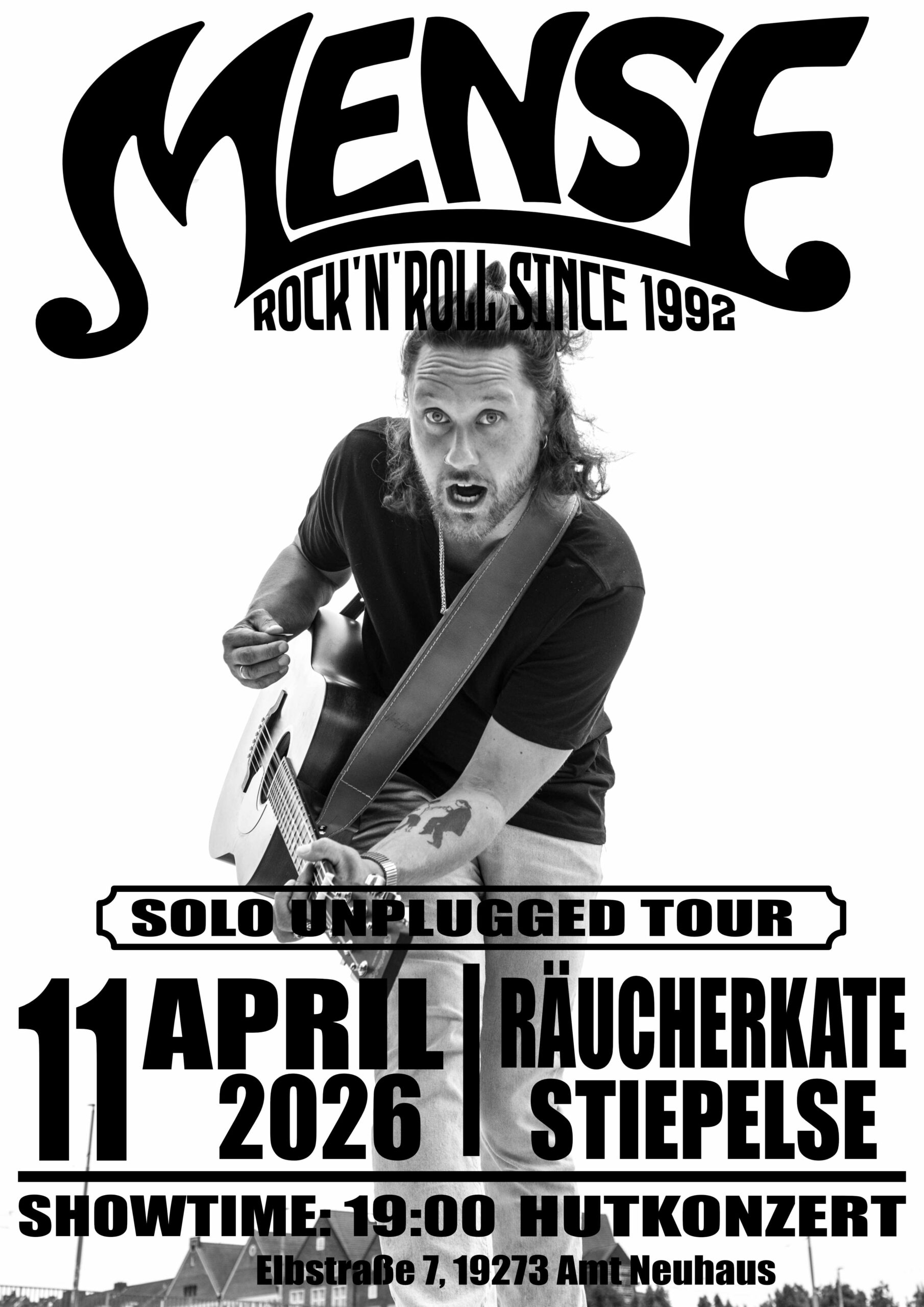 MENSE Rock'n Roll _ Solo unplugged Tour am 11. April 2026 im Restaurant Die Räucherkate in Stiepelse. Plakat von MENSE