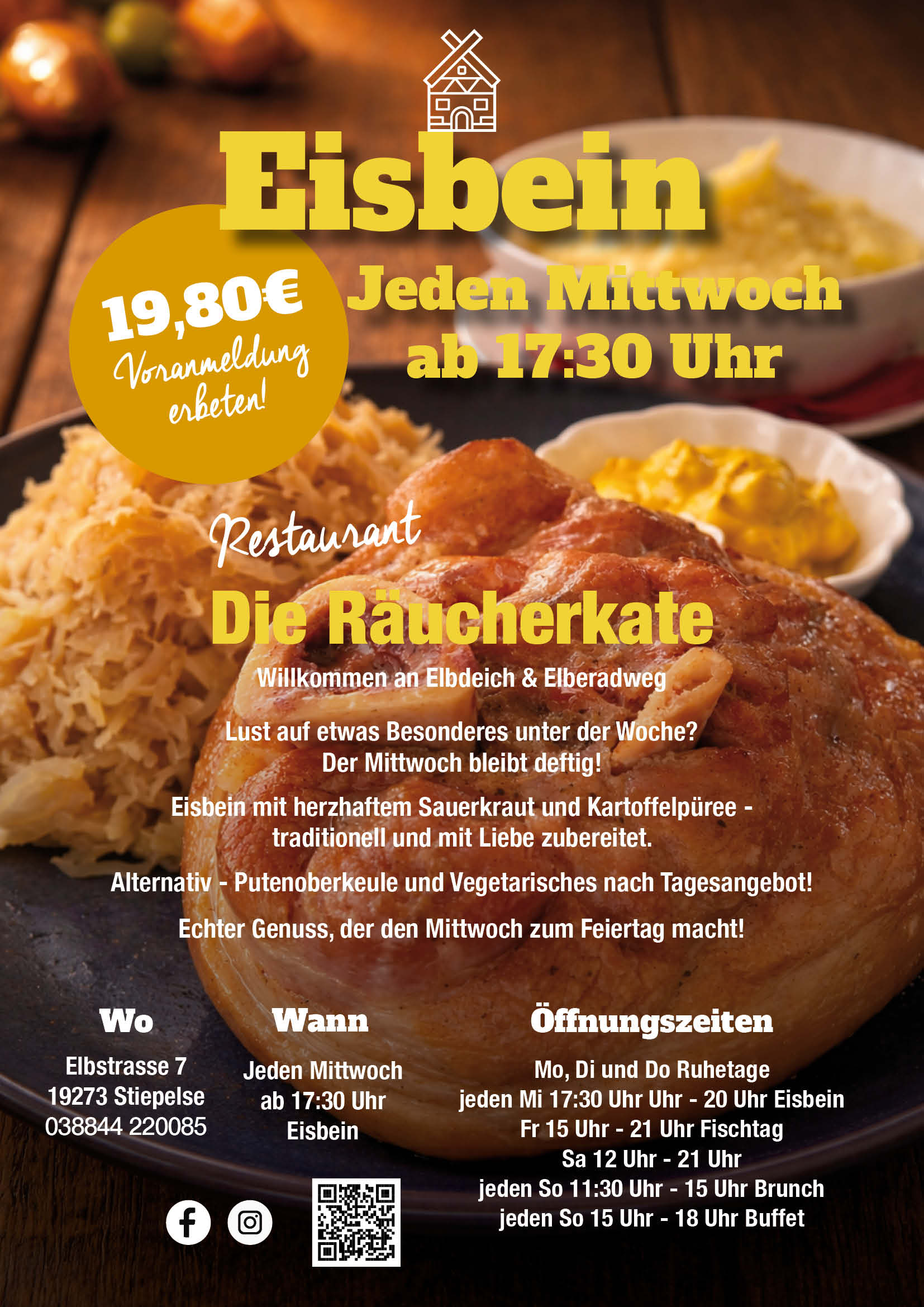 Jeden Mittwoch gibt#s Eisbein mit Sauerkraut und Kartoffelpüree - im Restaurant Die Räucherkate in Stiepelse. Flyer Teller mit Eisbein